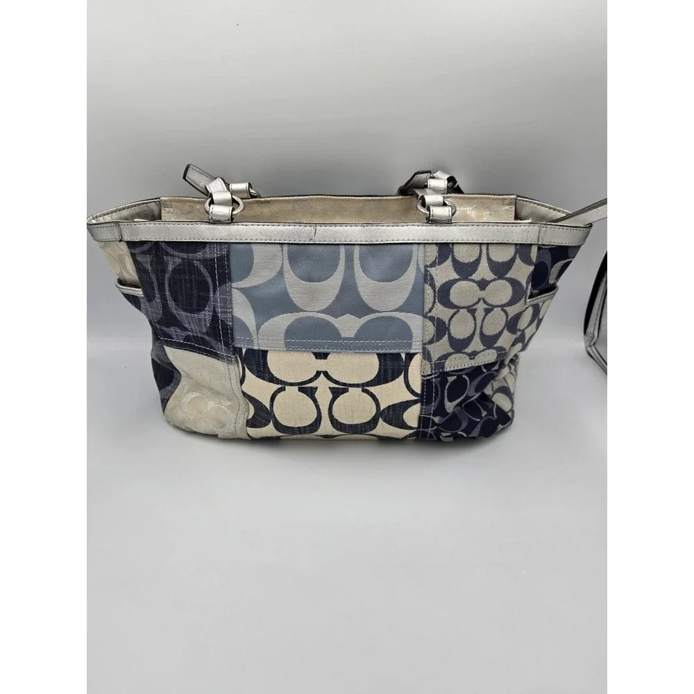 Coach Patchwork Signature Canvas Tote Bag/Purse Blue Cream Silver Buckle Straps - Picture 3 of 16
